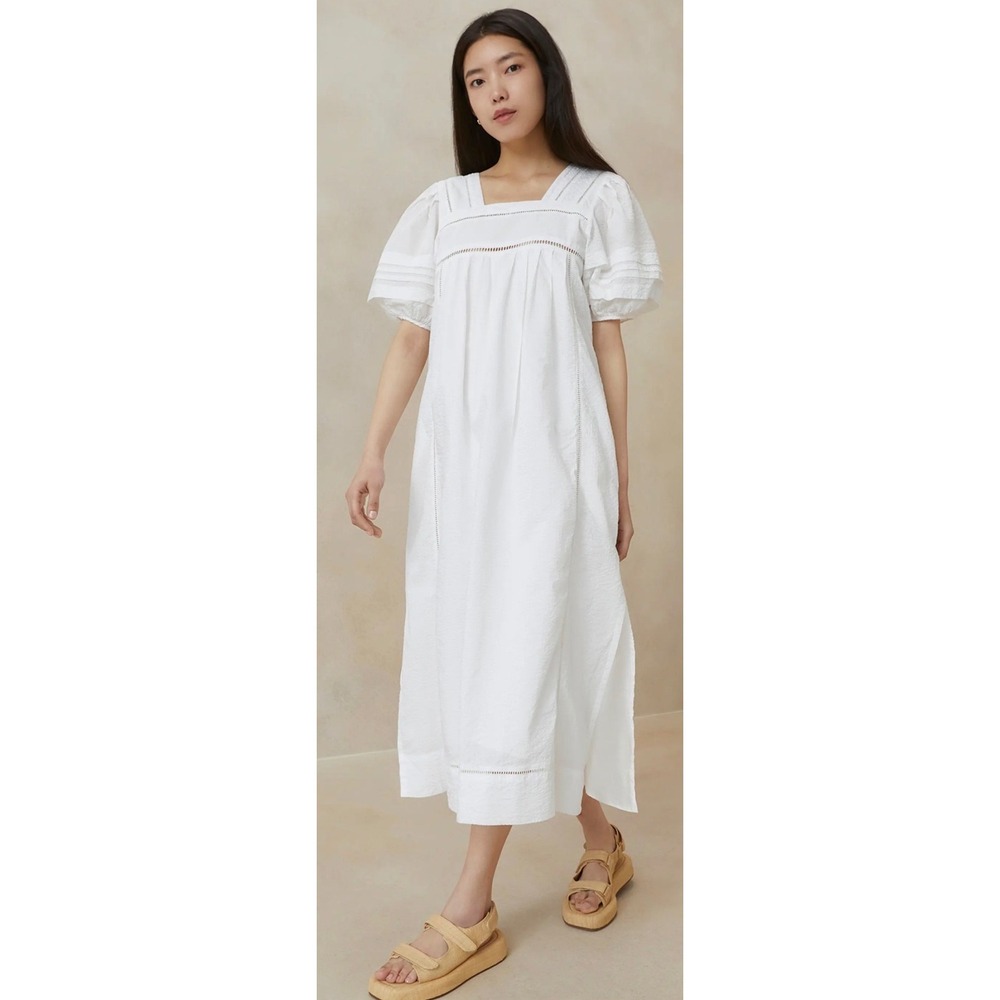 Loeffler Randall August Dress White Cotton Ladder Lace Puff Sleeve Midi Resort S